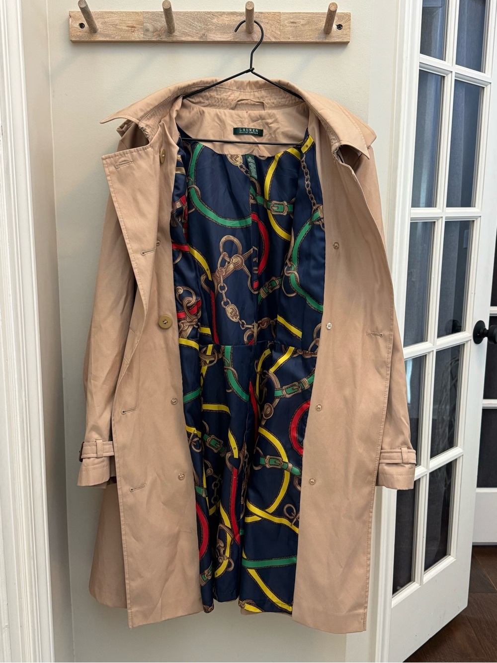 Lauren Ralph Lauren Beige Racing Kahki Trench Coat with Navy Equestrian Lining